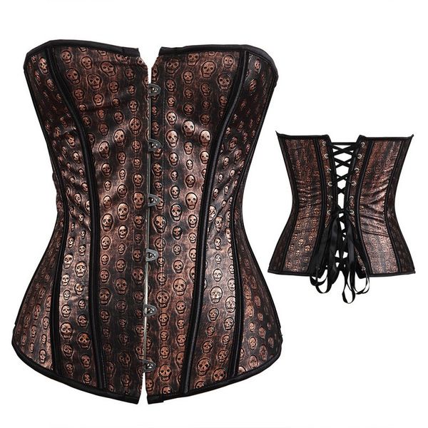 Damen Steampunk-Korsett mit Totenköpfen, bedruckt, schwarze Einsätze, modisch, Übergröße S-6XL, Überbrust-Schnür-Vintage-PU-Leder, braunes Gothic-Korsett