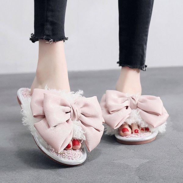 

2019 fashion women's home plush slippers large butterfly-knot winter warm fur slides indoor female cotton slippers, Black