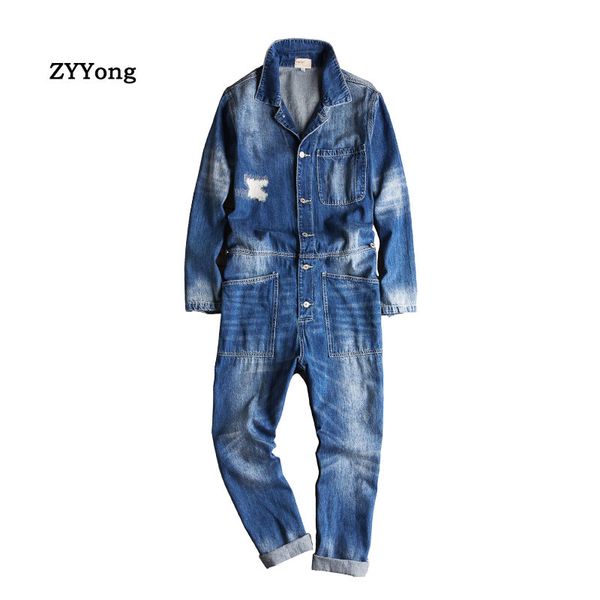 

zyyong мужские отверстие джинсовые комбинезон с длинным рукавом синий мужской джинсовой ткани хип-хоп уличная одежда комбинезоны джинсы, Blue