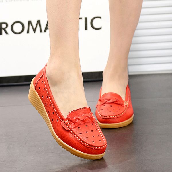 

women's shoes spring and summer shoes mom genuine leather soft bottom hollow out women's comfortable slanted heel fl, Black