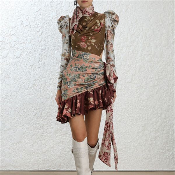

2020 patchwork lace up floral print long sleeve bodycon runway dress, Black