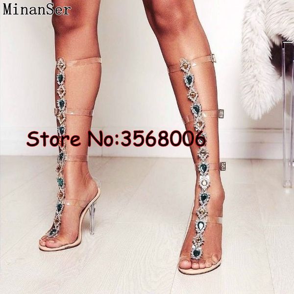 

trendy design buckle straps crystal clear lady high heels boots woman knee high rhinestone gladiator sandal boot bohemia style, Black