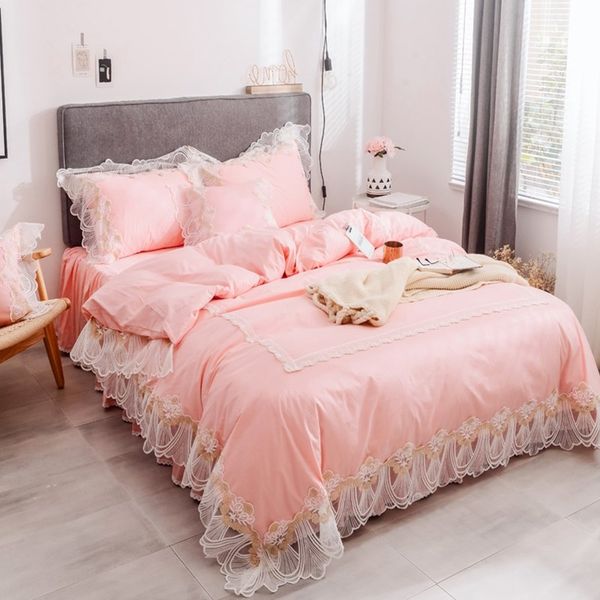 Rosa Spitze bestickt Bettbezug-Set König Königin Größe 4-teilig Prinzessin Bettwäsche-Set koreanischen Stil Luxus einfarbig Bettwäsche Bett Ski184R