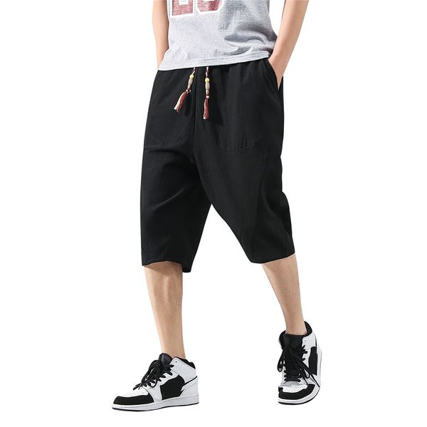 

men's pants men's casual slim sports pants solid calf-length cotton linen trousers baggy harem calf-length l415a, Black