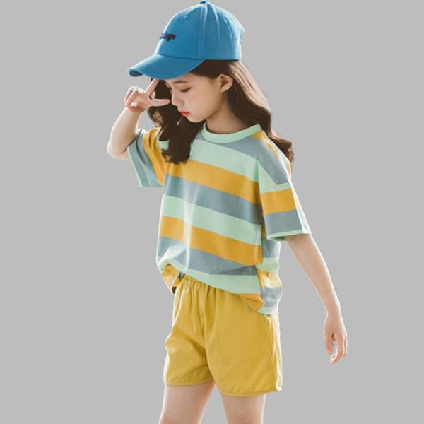 

summer clothes for girls striped pattern girls clothing tshirt + short 2pcs sets teenage kids clothes, White