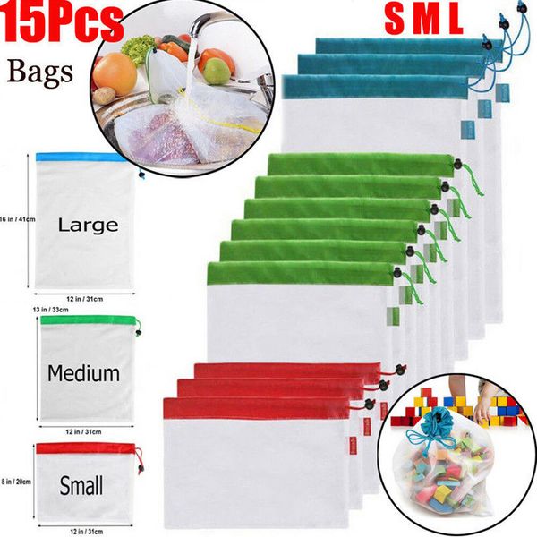 

15pcs reusable mesh produce bags grocery fruit vegetable storage shopping eco