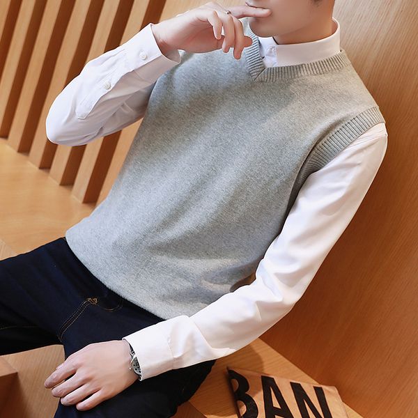 

fashion brand autumn winter cashmere classic vests sweater men sleeveless sweaters solid color v-neck wool pullover men's warm, Black;white