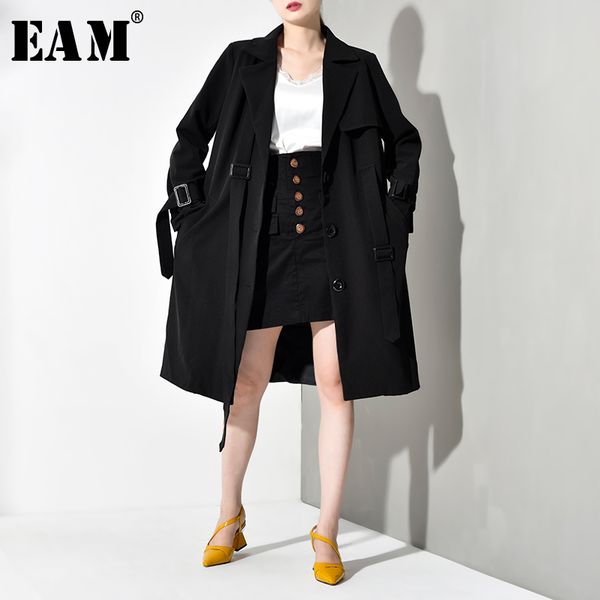 

eam] women black back letter printed belt trench turn-down collar long sleeve double breasted coat loose fit 2019 autumn jr1290, Tan;black
