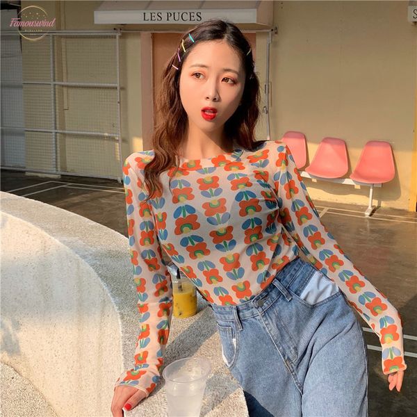 

vintage floral printed v neck women long sleeve transparent t shirt slim mesh sheer t shirt women camiseta mujer 2020, White