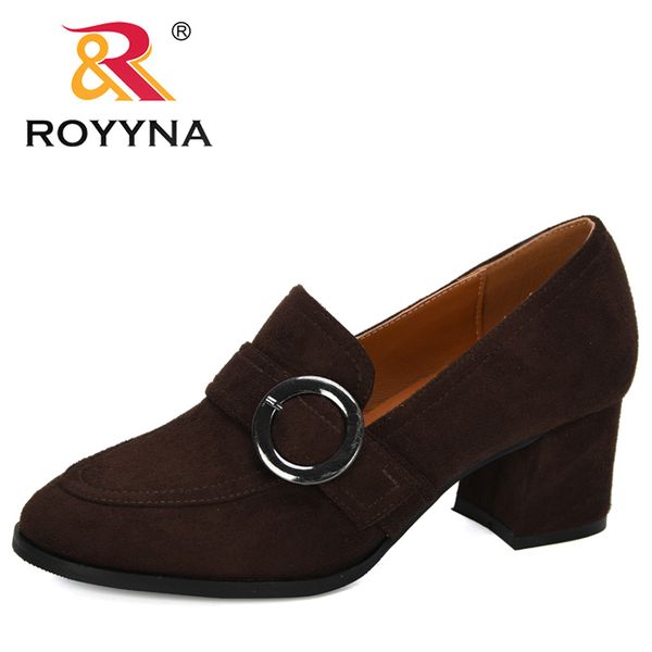 

royyna 2019 new designers women pumps flock buckle shallow color women high heels shoes outdoor working shoes ladies comfortable, Black