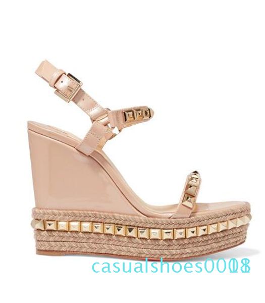 

perfect quality ladies red bottom wedge cataclou sandals gold patent leather studded ladies ankle strap women pumps party eu35-42 c18, Black