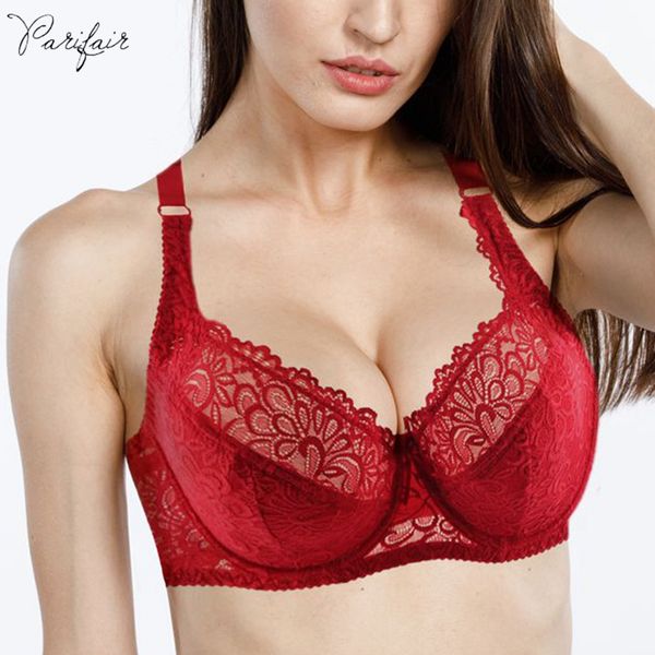 

pairfairy women's ultra thin bra full coverage soft underwire lace padded brassiere minimizer bh plus size dd e ddd f cup, Red;black