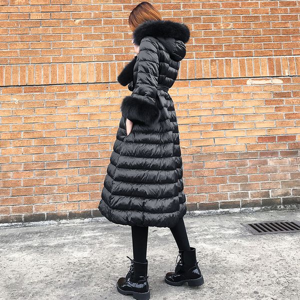

2019 new korean style women winter coat a-line black slim down jacket parkas hooded large fur collar warm women overcoat g740