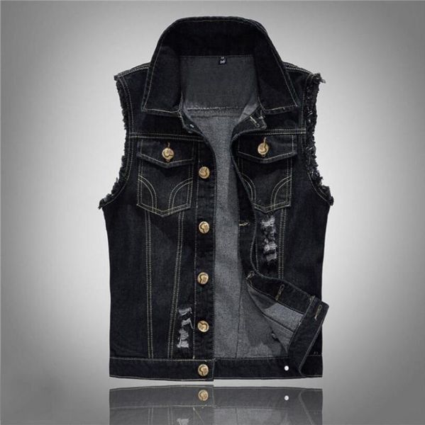 

ey29 denim vest men hip hop sleeveless jacket new washed jeans vintage waistcoat outwear male ripped vest jacket, Black;white