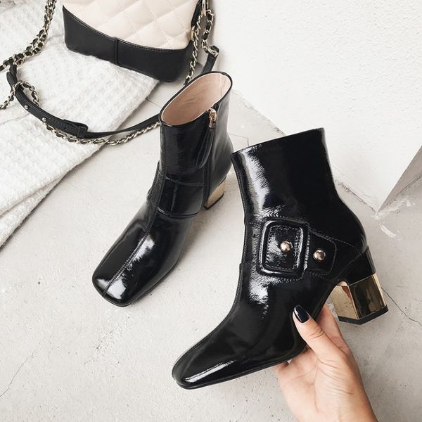 

mljuese 2020 women ankle boots cow leather winter short plush square toe buckle strap high heels female boots party dress, Black