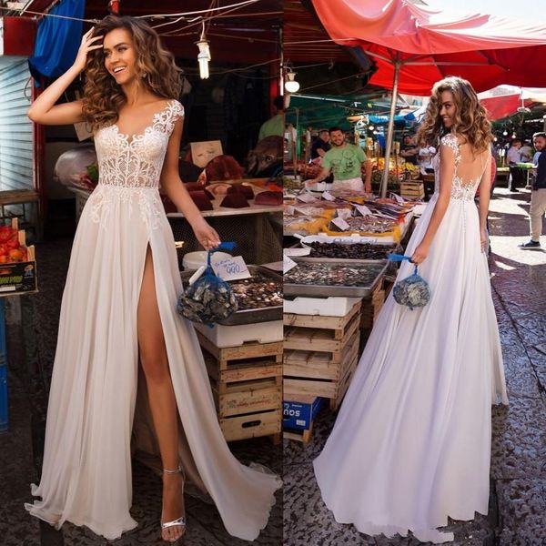 

bohemian lace a-line wedding dresses customized tulle front split bridal gown robe de mariee country wedding dress robe de mariee, White