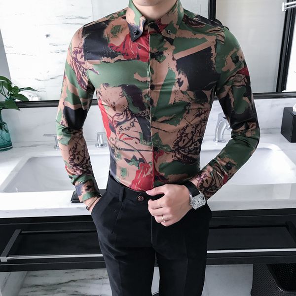 

korean shirt men fashion 2020 new spring long sleeve camouflage print men casual shirts slim fit party dress shirt, White;black