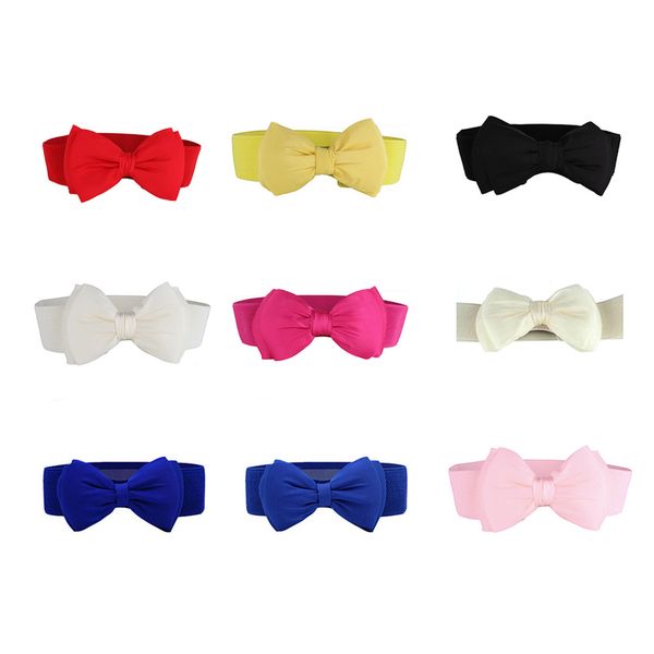 

women summer pu leather lovely big bowtie waistband girl elastic dress stretch waist belts lady cinch belt cummerbund, Black;brown