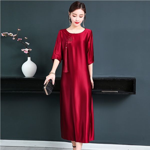 

summer woman long dress chinese cheongsam style vestido loose silk blend vestido elegant oriental ethnic clothing, Red