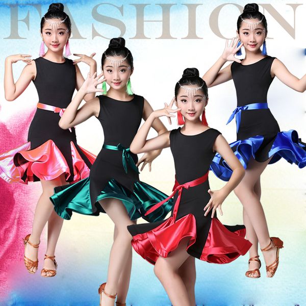 

flower girls ruffle ballroom latin dance wear dress competition girl kid child salsa tango cha cha performance practice skirt, Black;red