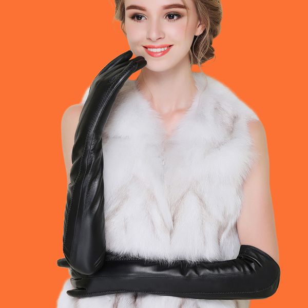 

leather gloves ladies winter long sheepskin touch screen cute warm arm sleeve gloves, Blue;gray