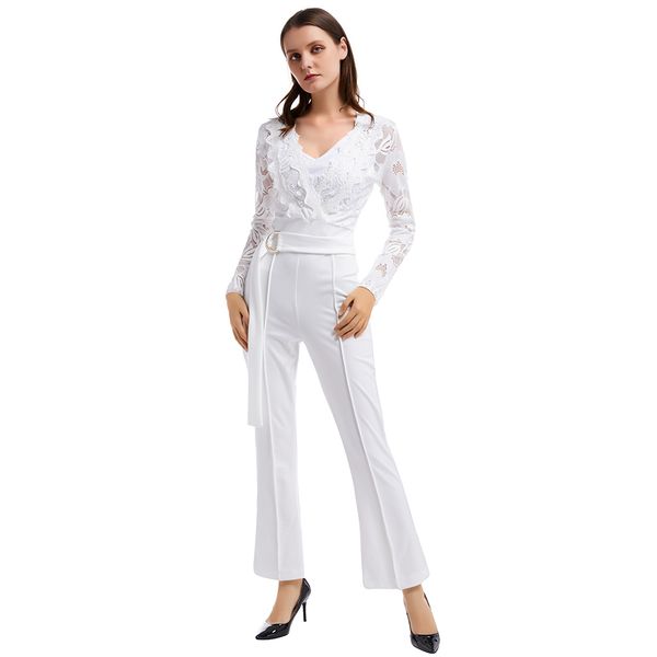 

women elegant overalls rompers patchwork jumpsuit female long sleeve lace hollow trousers party playsuit overseas warehouse, Black;white