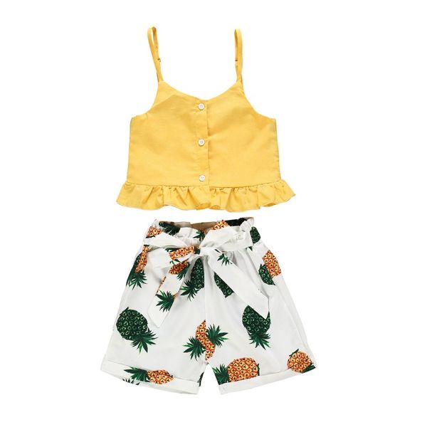 

new cute baby girls cropped ruffles crop shirt pineapple print short bownote pants 2pcs outfit clothes children summer sets, White