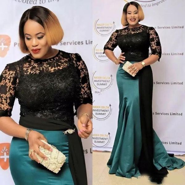 

new mermaid mother off bride dresses jewel neck half sleeves black lace beads sweep train hunter green wedding guest evening gowns, Black;red