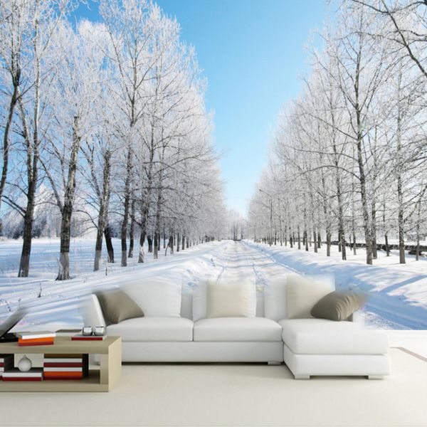 Tamanho personalizado 3D Murais Wallpaper da neve do inverno Tree Road Sala de TV de Fundo Pintura Covering Papers Home Decor