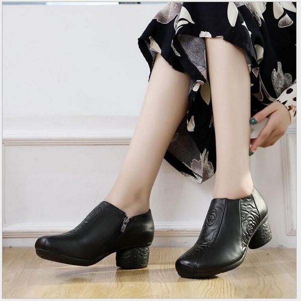 

spring vintage style women pumps genuine leather high heel shoes head layer cowhide thick heels soft bottom handmade shoe, Black