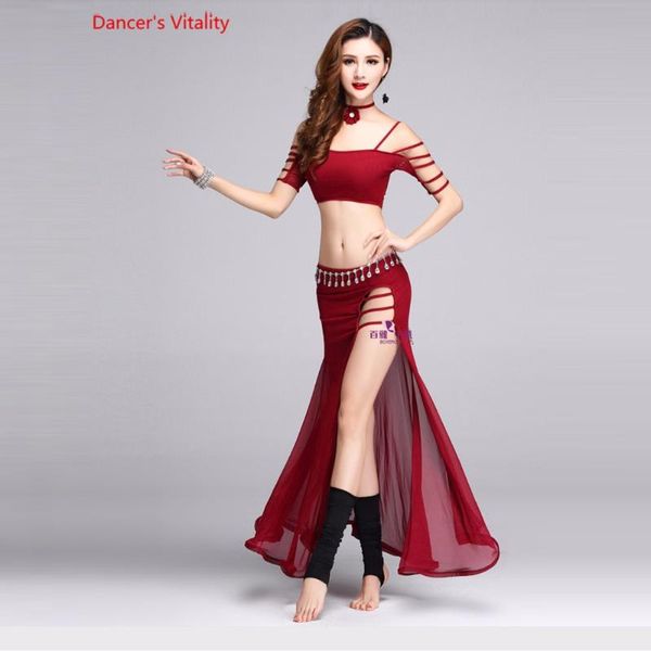

new belly dance clothes half sleeves long dress 2pcs belly dance set for women clothing, Black;red