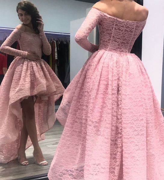 

high low pink prom dresses off shoulder long sleeves formal evening gowns floor length appliqued saudi african party gowns plus size, Black