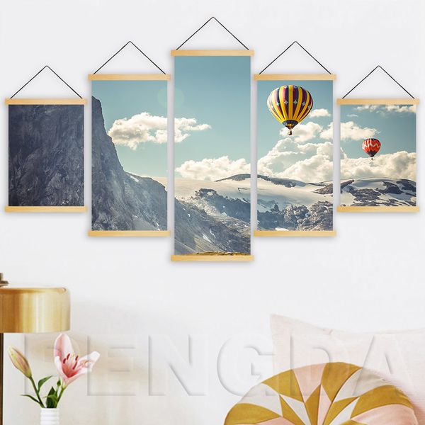 

home decor print pictures 5 panel balloon landscape canvas poster wall art wooden scroll hanging painting bedside background