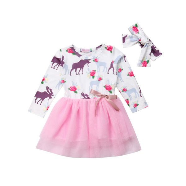 

christmas toddler kids baby girls long sleeve deer elk cotton tutu +multi-layer mesh dress party clothes 710, White