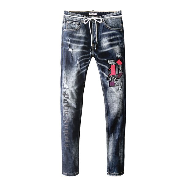 

french style fashion men's jeans blue color skinny fit spliced ripped jeans high street destroyed biker men5