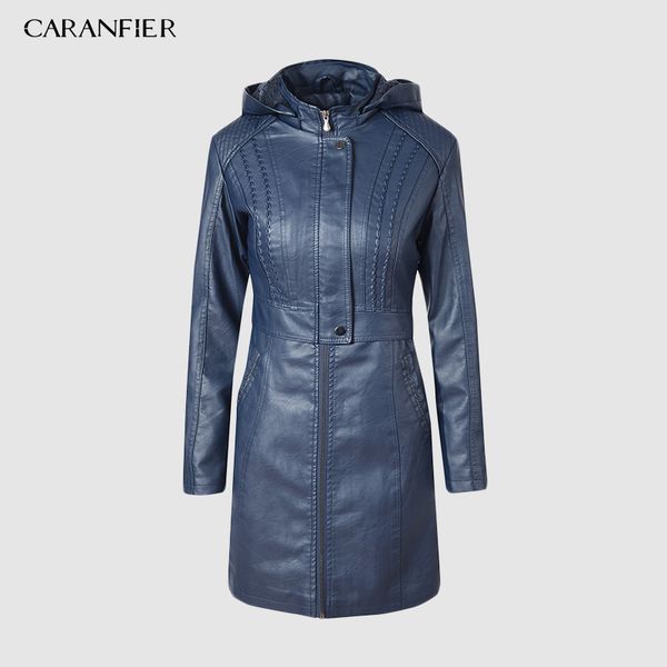 

2019 winter women pu leather jacket waterproof hooded trench zipper thick velvet fur lined leather jackets female, Black