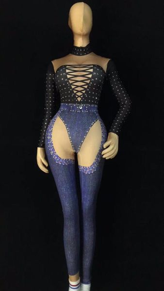 

jeans printed jumpsuit p shoot outfit stage dance stretch bodysuit one-piece costume female singer performance leggings, Black;red