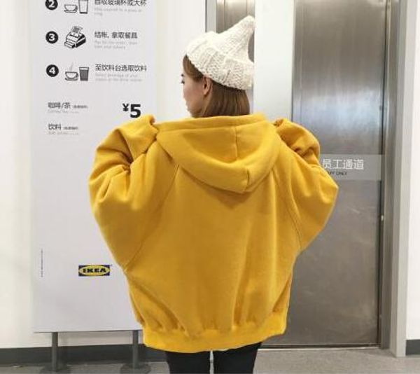 

корейский свободные шнурок женщины толстовки фонарь рукав улица пуловеры топы сплошной цвет флисовое пальто девушки негабаритных желтые толс, Black