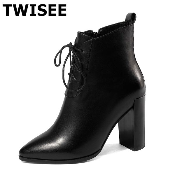 

women mid calf boots new style lace up zapatos mujer pumps fashion point toe square heels 9 cm woman casual shoes comfort, Black