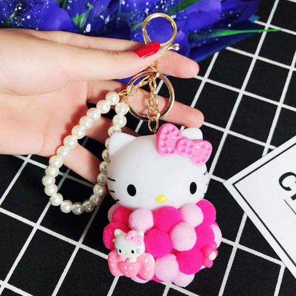 

cartoon cute plush ball hello kitty keychains kt cat key rings bag purse car charms pendant key chains gift trinkets porte clef, Silver