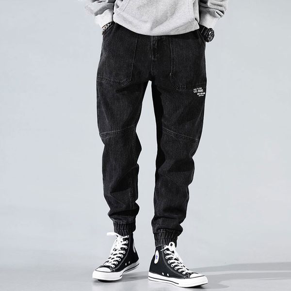 

fashion streetwear men jeans loose fit black color spliced designer cargo pants hombre harem trousers hip hop jeans men joggers, Blue