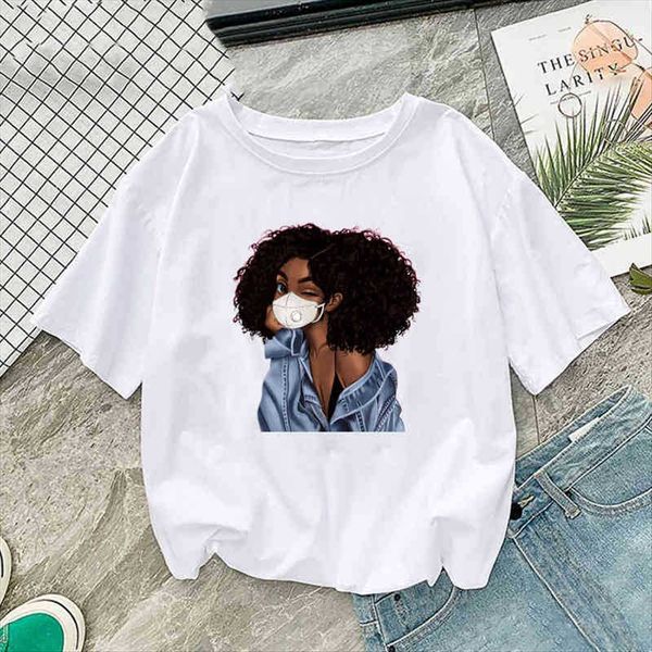 

series female short sleeve mask printed round collar girl series t-shirt female short sleeve mask girl printed round collar t-shirt, White