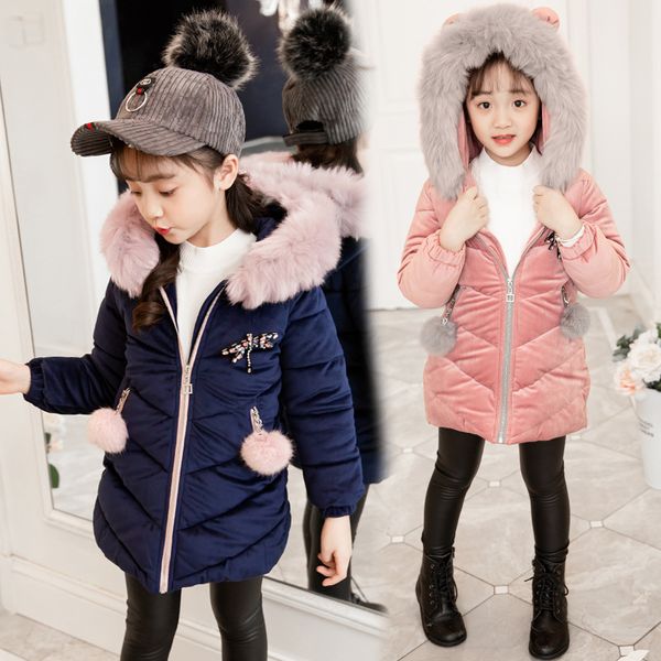 

retail kids winter coats girls designer jackets girl pink princess thicken cotton parka coat children hooded velour outwear boutique clothes, Blue;gray