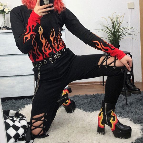 

padegao повседневная печатная базовая футболка женская уличная одежда пылающий огонь графические футболки o-образным вырезом с длинным рукав, White