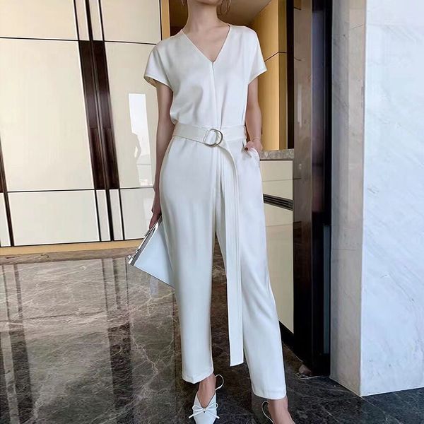

women's jumpsuits & rompers 2021 white summer sleeveless jumpsuit wide leg v-neck belt slim celebrity party overalls, Black;white