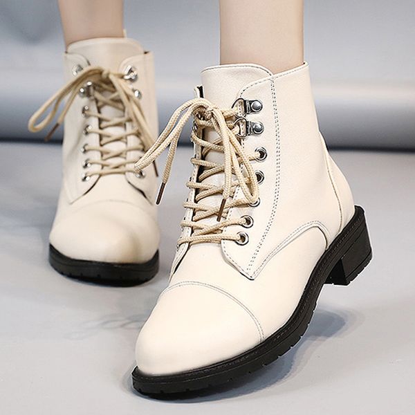 

short booties women's fashion leisure lace-up zipper chunky square heels shoes retro female shoes block motorcycle booties, Black