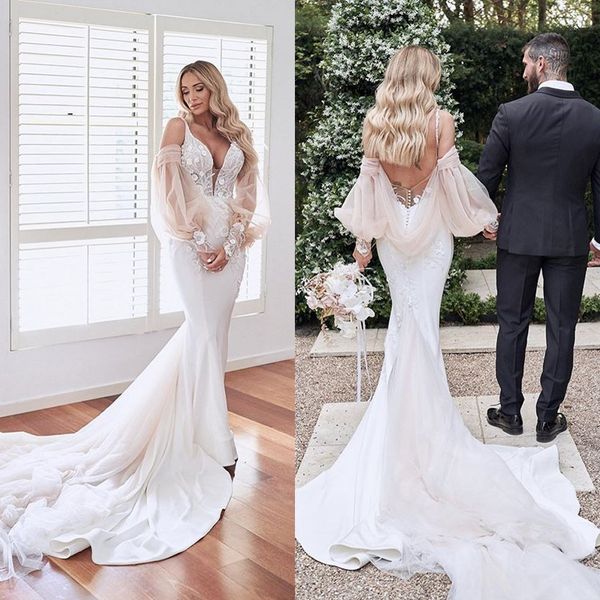 

2020 elegant mermaid wedding dresses sweep train appliqued plunging neck beach bridal gowns custom made plus size trumpet vestidos de novia, White
