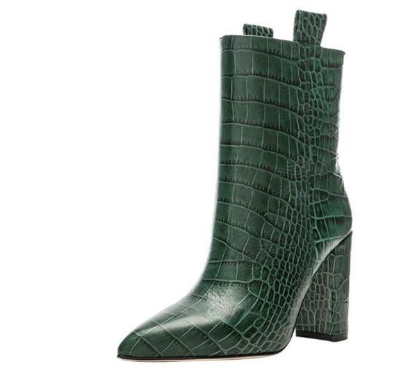 

womens leather boots autumn and winter new thick and pointed crocodile pattern casual sleeve boots size 3548 green, Black