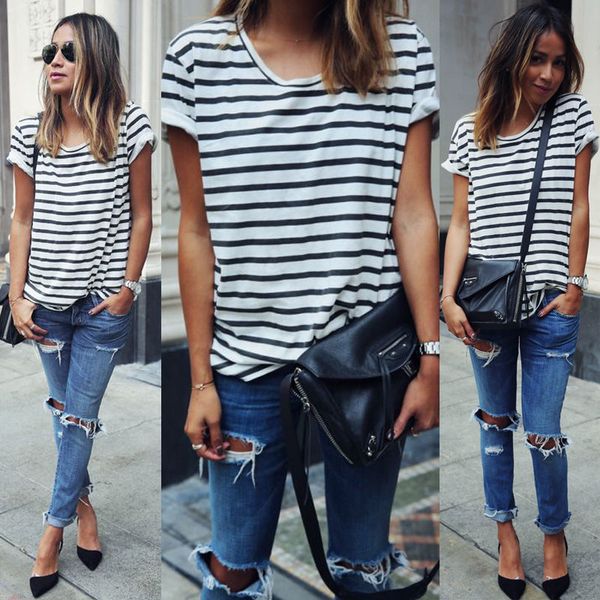 

women designer shirt womens clothing women lady clothing t shirts loose striped cotton brief t shirt casual tee fashion lady, White