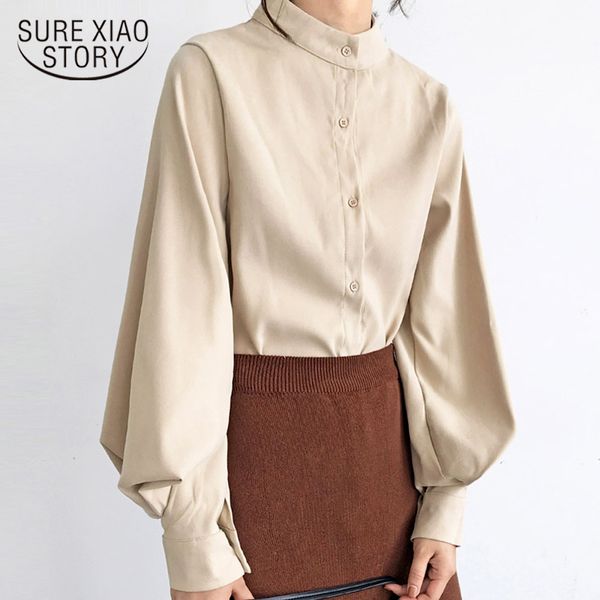

fashion 2019 stand collar office blouse women blouse shirt lantern long sleeve women shirts womens and blouses 2516 50, White